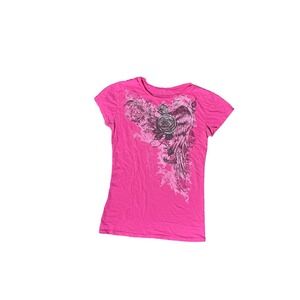 Stranded Pink Graphic Tee Rose Scroll Print Short Sleeve Distressed Size M